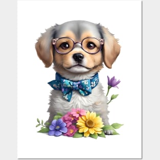 Cute puppy wearing glasses with flowers Posters and Art